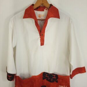 Vtg Iolani Hawaiian Shirt Mens Med Off White Multicolor Barkcloth Trim Retro 70s